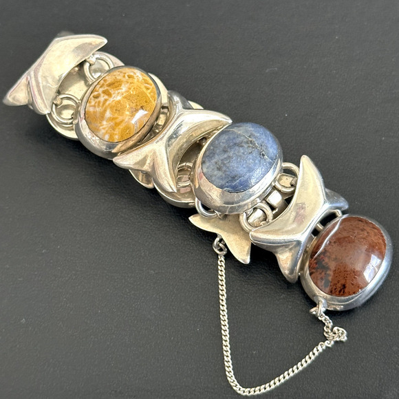 Taxco Vintage 925 Sterling Silver Heavy Chunky Multi Gemstone Link Bracelet 6.5" - Picture 4 of 12